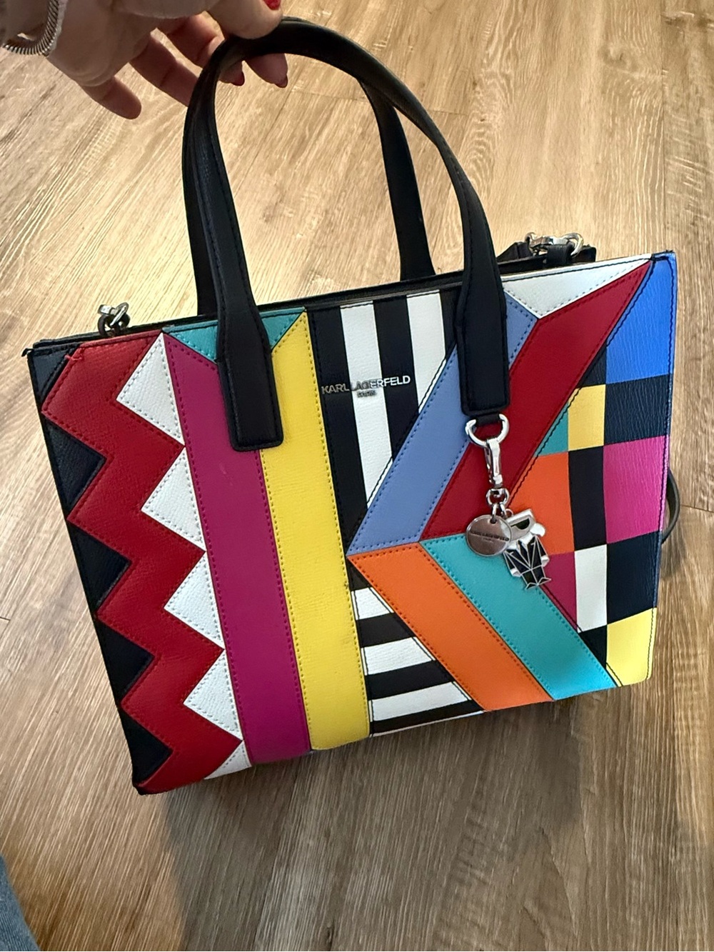 Karl Lagerfeld Multicolor Geometric Patchwork Tote with Black Handles